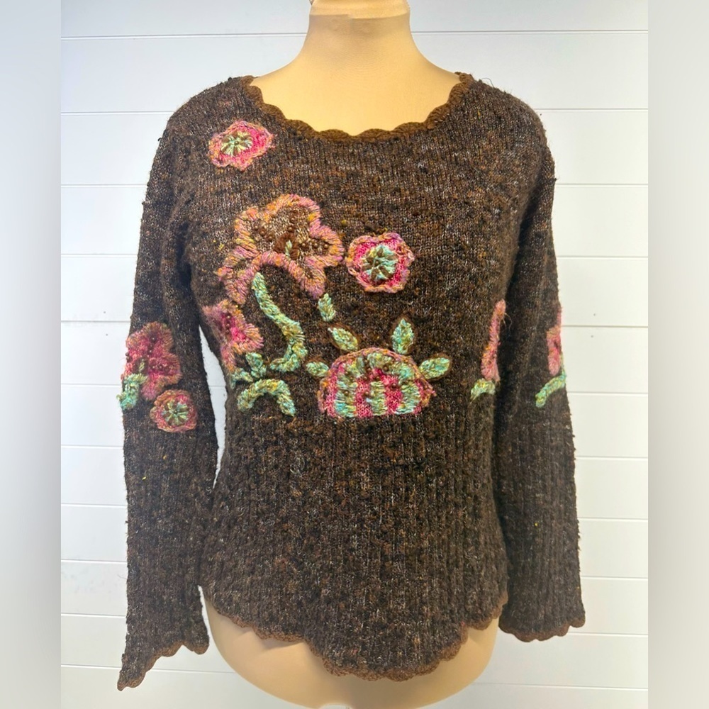 VINTAGE • PBJ SPORT • Autumn Fall Motif Embroidered Knit Long Sleeve Sweater S/M